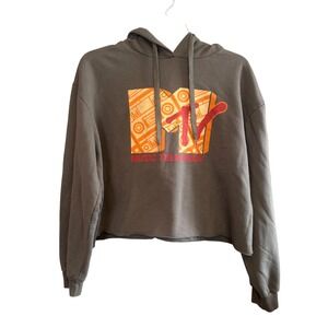 MTV Womens Retro Graphic Cropped Hoodie Pullover Sweatshirt Olive Green Large